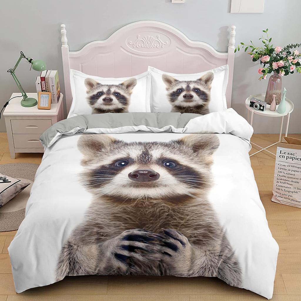 Єнот Підковдра Розмір Кінг Квін Мила Тваринна Тематика Комплект Постільної Білизни Візерунок Дикої Природи Чохол для Ковдри 2/3шт Поліестер Чохол для Ковдри