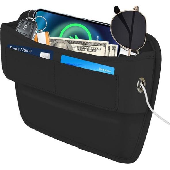 Seat Gap Filler Organizer with Card Holder, Leather Center Console Side Black