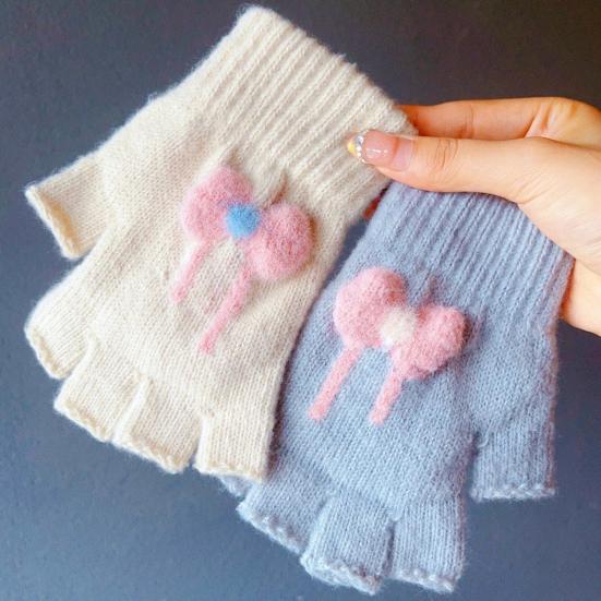 1 Pair Winter Half Finger Gloves for Women Cute Fingerless Mittens with Bow Plush Warm Stretchy Gloves for Women Girls
