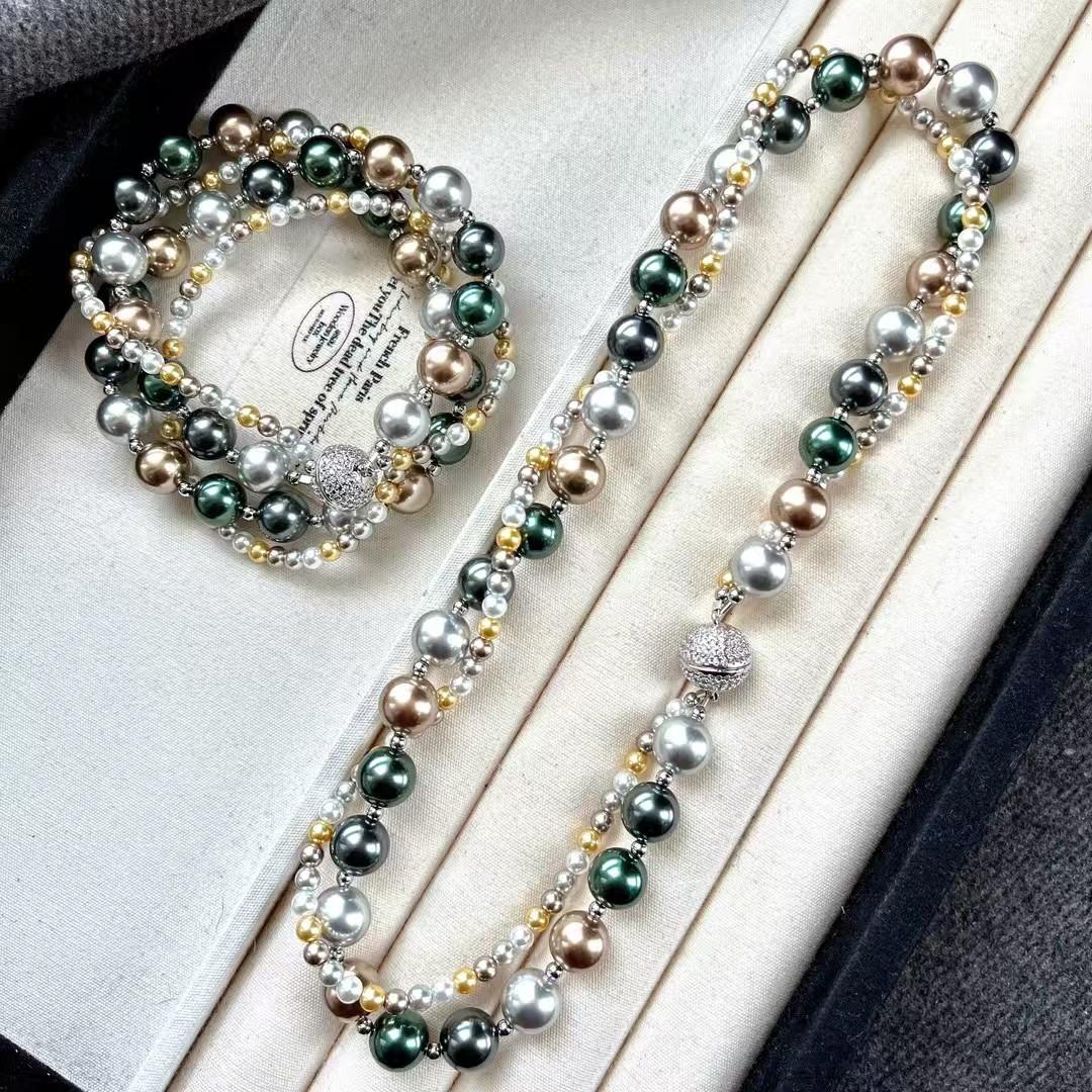 Vintage Malachite Green Tahitian Artificial Crystal Double-Layer Winding Design Pearl Necklace