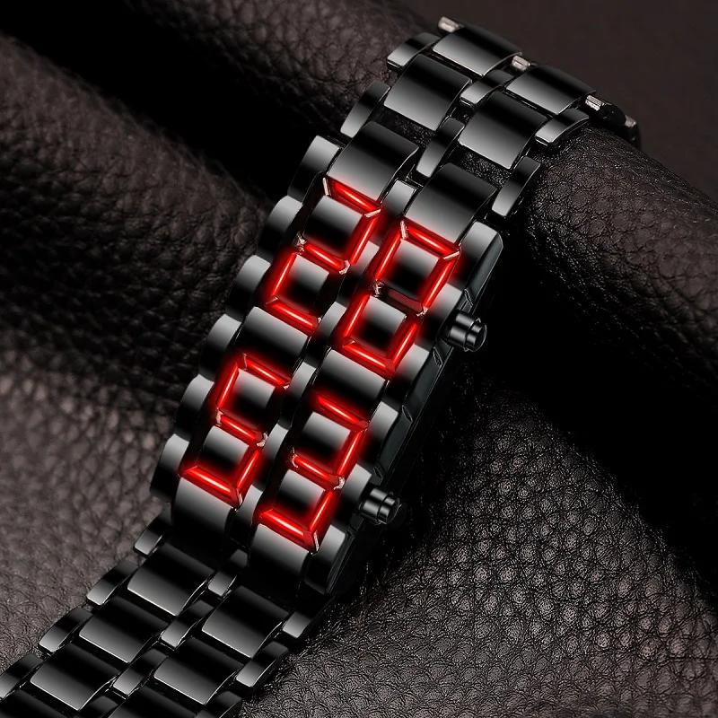 Fashion Men's Digital Lava Wristwatch Full Metal Black Red/Blue LED Display Sporty Creative Gift for Male Youth