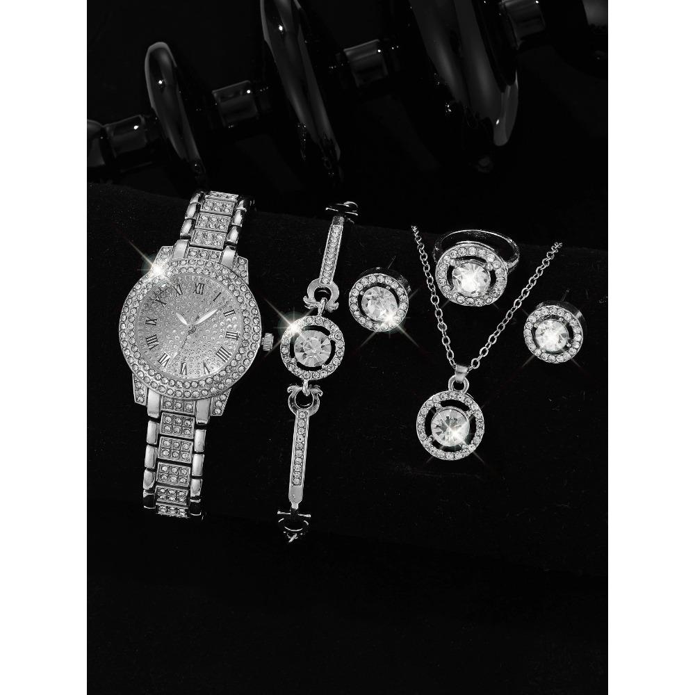 Full Diamond Roman Literal Steel Belt Women's Watch Gypsy Temperament Business Quartz Watch Women's Watch Jewelry Set