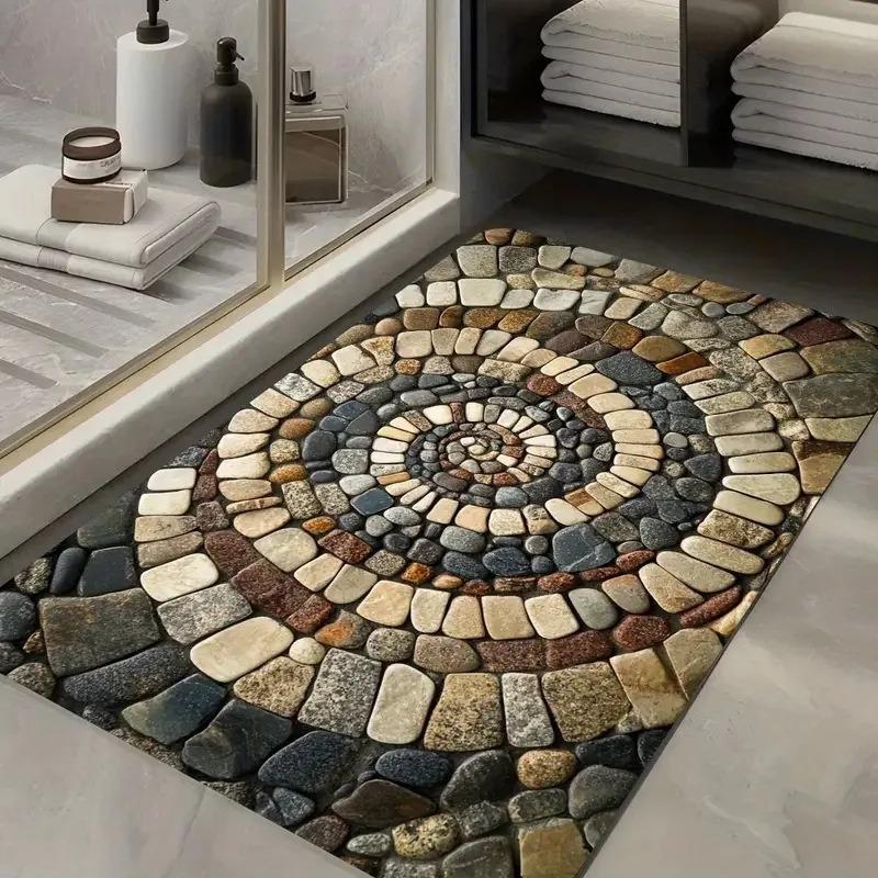 Realistic Pebble Stone Mosaic Entrance Mat Multicolor Rock Texture Print Rug Vintage Natural Style Home Decor for Porch Washroom