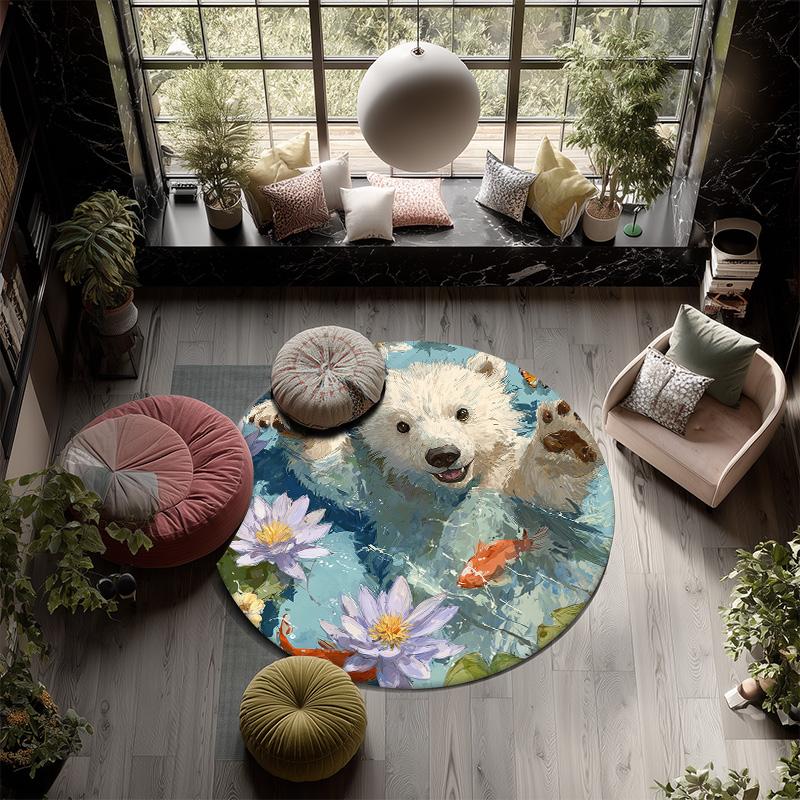 Pond Lotus Animals,Round Area Rug,Carpet Rug for Living Room Bedroom Sofa Playroom Decor,Non-slip Floor Mat