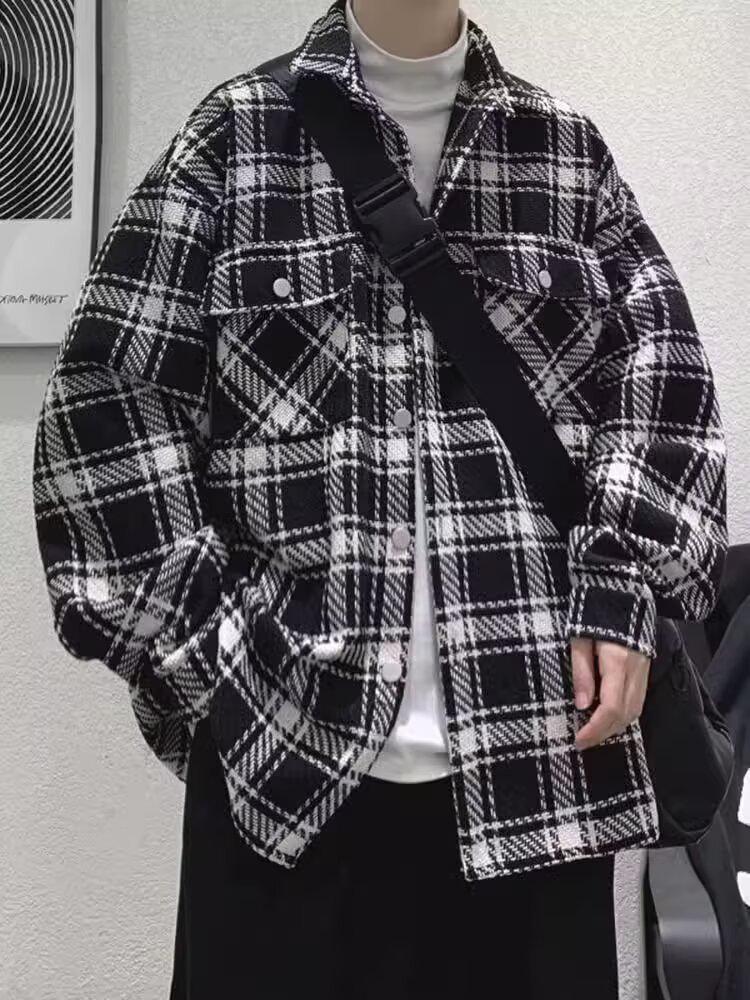 Wyrafinowana męska kurtka robocza z wełny w pepitkę - Modna koreańska odzież codzienna