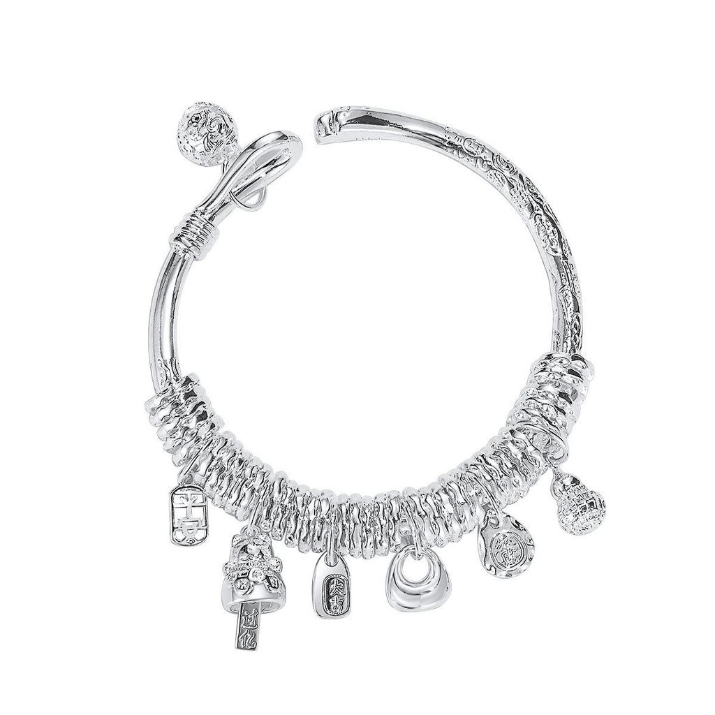Exclusively designed lucky charm wrap-around bracelet with gourd bell, lucky cat bangle in thick silver-plated copper, perfect for live streaming.