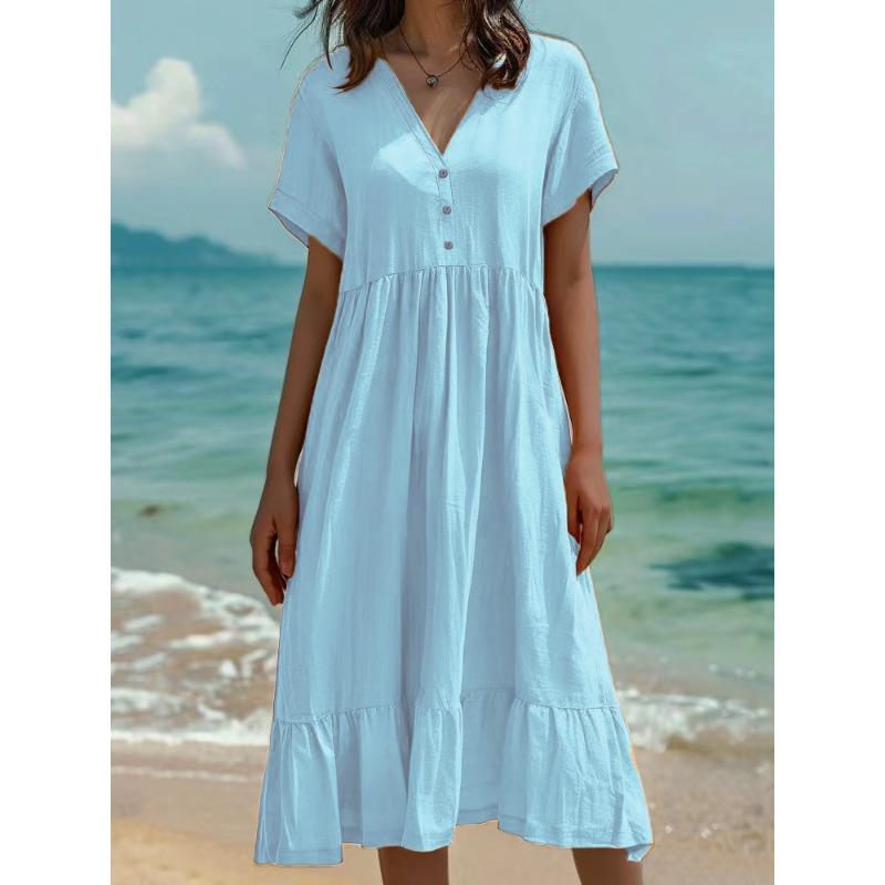 JKASHDK Damemote Sommer Våren Ensfarget Print Kortermet V-hals Løs midje uformelle kjoler