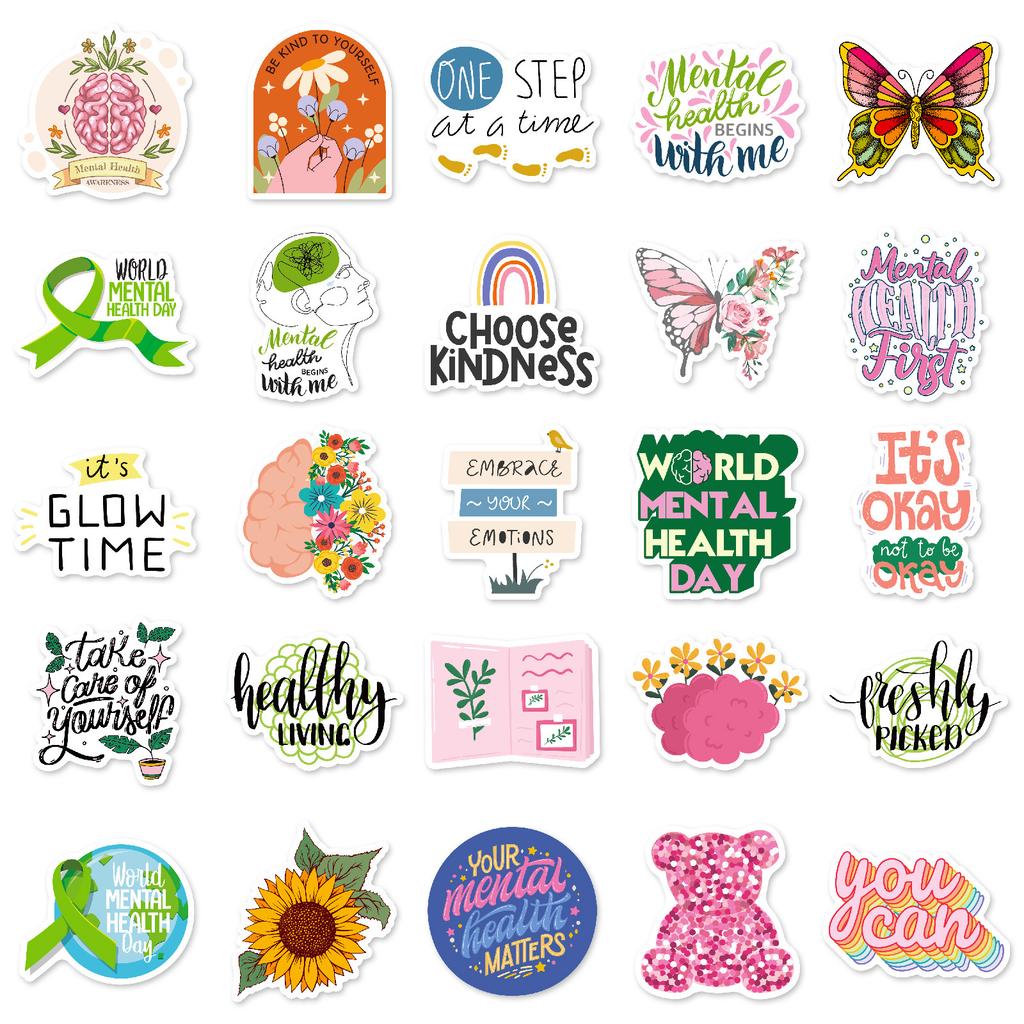 50 Mental Health Stickers Xiaoqing Cartoon English Short Sentences Skateboard Water Cup Waterproof Decorative Sticker