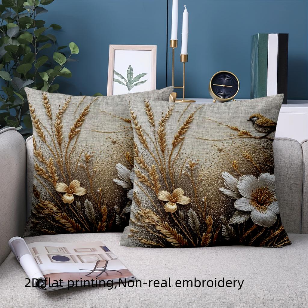 1 Pillowcase 2D Flat Printed Linen Style Pillowcase Cover with Wheat and Bird Pattern Polyester Pillowcase Sofa Cushion Cover