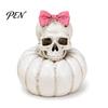 Gothic Wedding Couple Figurines Skull Pumpkin Statue, Halloween Bride Groom Figurine, Pink Retro Style Statues Bow on Ornament for Desktop Mantel