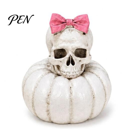 Gothic Wedding Couple Figurines Skull Pumpkin Statue, Halloween Bride Groom Figurine, Pink Retro Style Statues Bow on Ornament for Desktop Mantel
