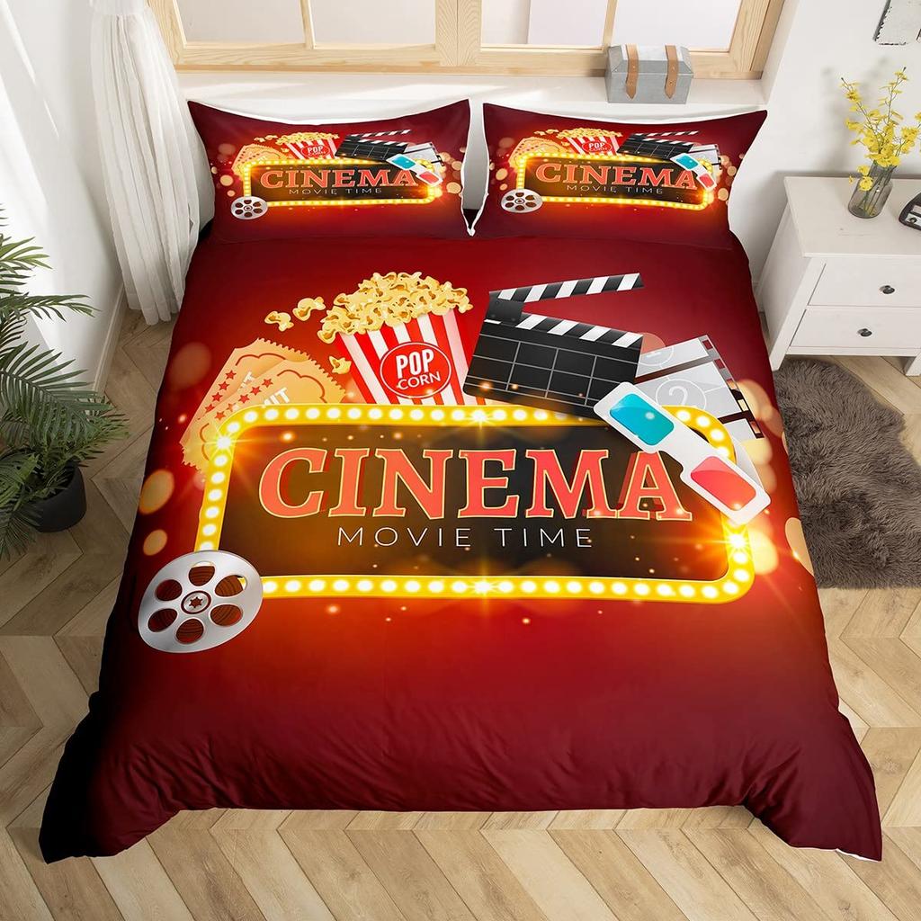 Vintage Kino Bettbezug für Familie Junge Mädchen Heimkinozimmer Dekor Vollständiges Film-Thema Bettdeckenbezug Film-Thema Bettwäscheset