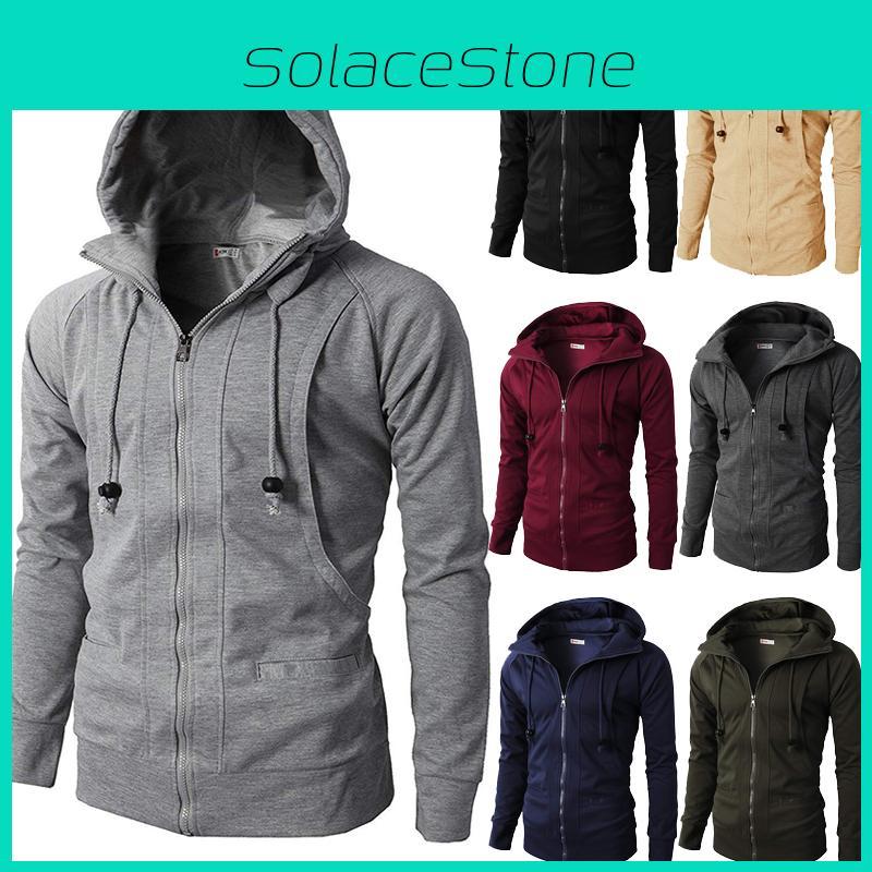 Stylish Men's Hooded Coat With Drawstring And Zipper Up Slim Fit Hoodie Jacket Overcoat