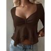 Women Spring Autumn New Solid Color Square Collar Long Sleeved Ruffle Hem Slim Fit Waist Cinched Casual Crop Top