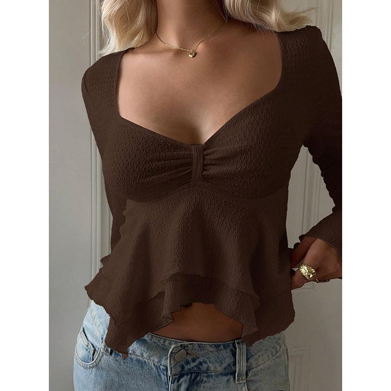 Women Spring Autumn New Solid Color Square Collar Long Sleeved Ruffle Hem Slim Fit Waist Cinched Casual Crop Top