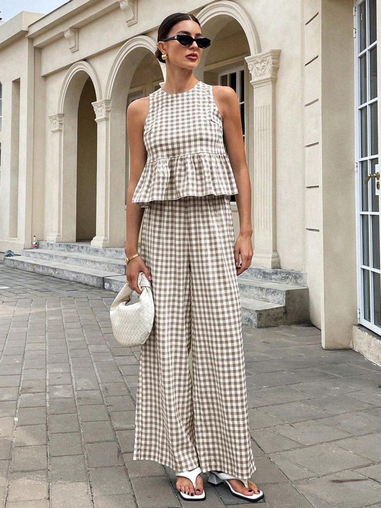 2026 Europe Casual Round Neck Sleeveless Ruffle Hem Top & High Waist Straight Long Pants