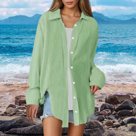 Damen Hemd Revers Langarm Knopfleiste Hemd Tops Einfarbig Locker