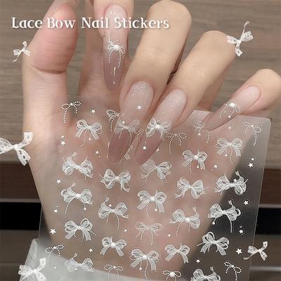 5D White Lace Bow Nail Art Stickers Pearl  Nail Decoration Adhesive Decals Slider Diy Accessory