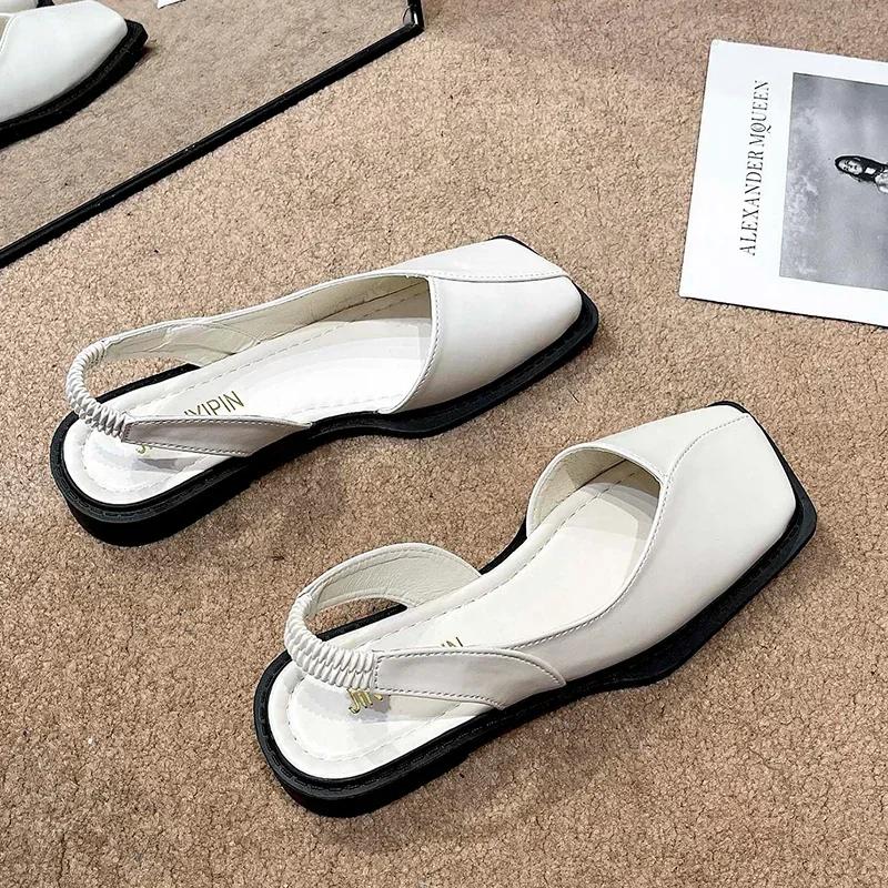 Mode Damen Sandalen mit eckiger Zehenpartie Sommer Elegant Mode Damen Elastisches Band Flacher Absatz Damen Flache Party Schuhe Eckiger Absatz Sandalen