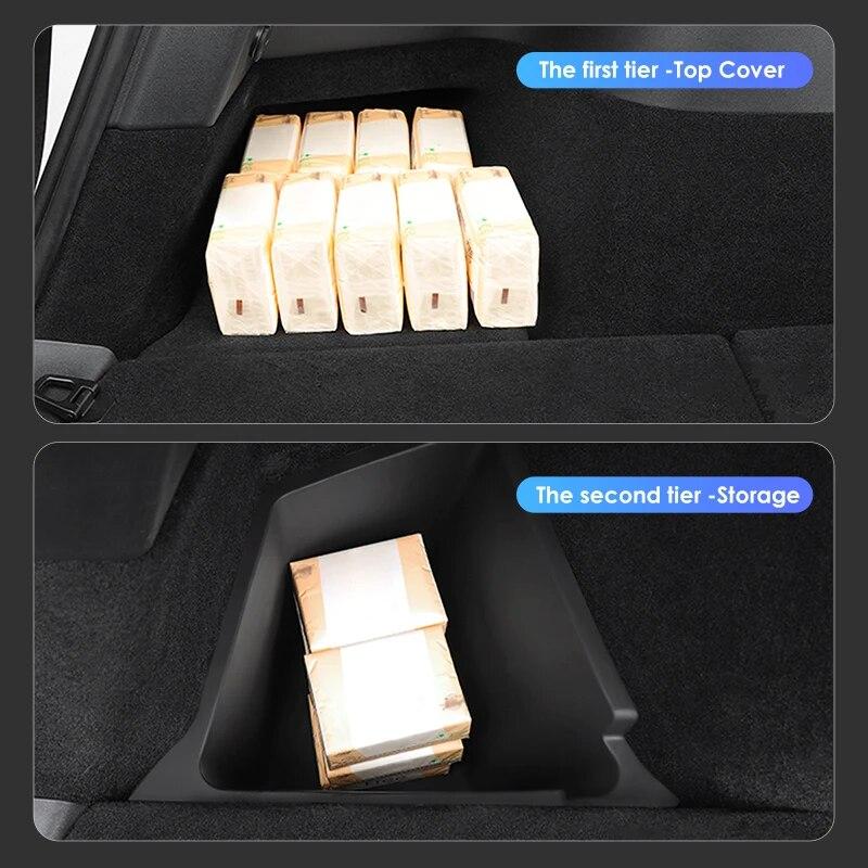Futhope Car Trunk Side Storage Box For Tesla Model Y 2018-24 Hollow Cover Organizer Flocking Mat Partition Board Stowing Tidying