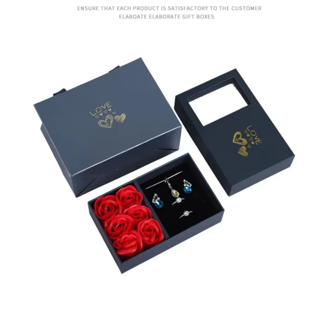 Romantic Valentine’s Day Jewelry Gift Box with 6Rose Pendant Ring Bracelet Eternal Flower Window Design Exquisite Packaging Bag