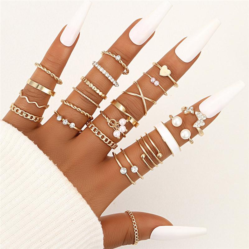 LETAPI Bohemian Vintage Heart Geometric Ring Set For Women Gold Color Boho Butterfly Pearl Hollow Leaves Rings Jewelry Gifts