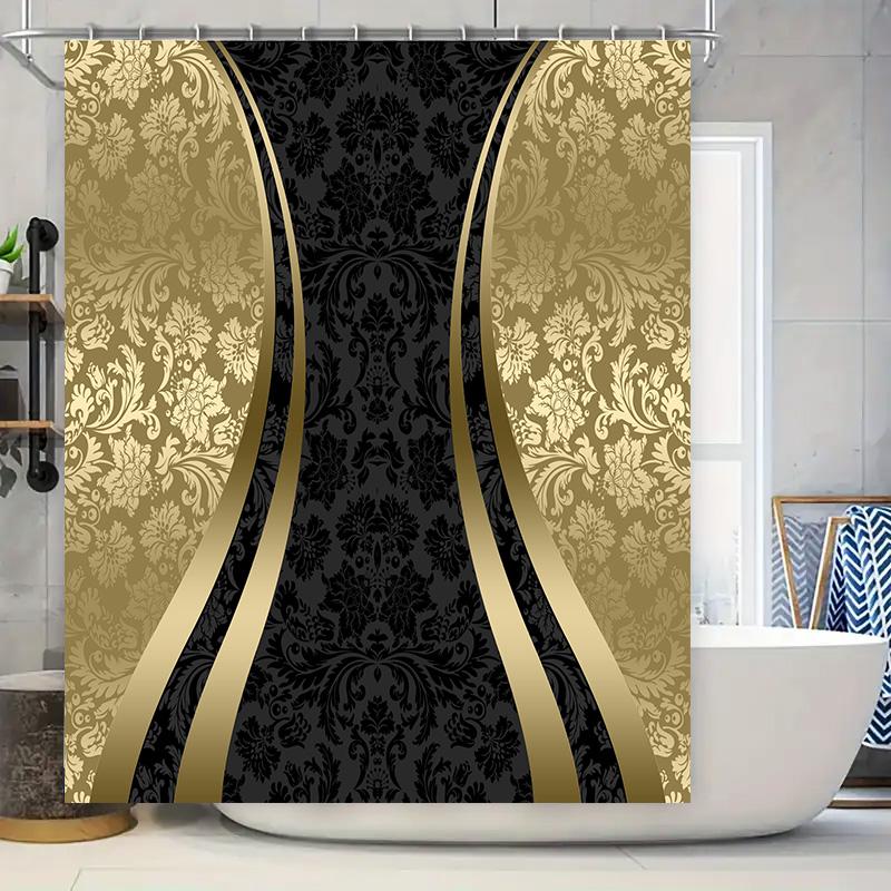 

Luxury Plush Shower Curtains With Damask Print Gold Accents Black Beige Bath Decor For Home Bathroom Size 72 X 84 Inches (L) By W60H190(CM)-1 Pcs