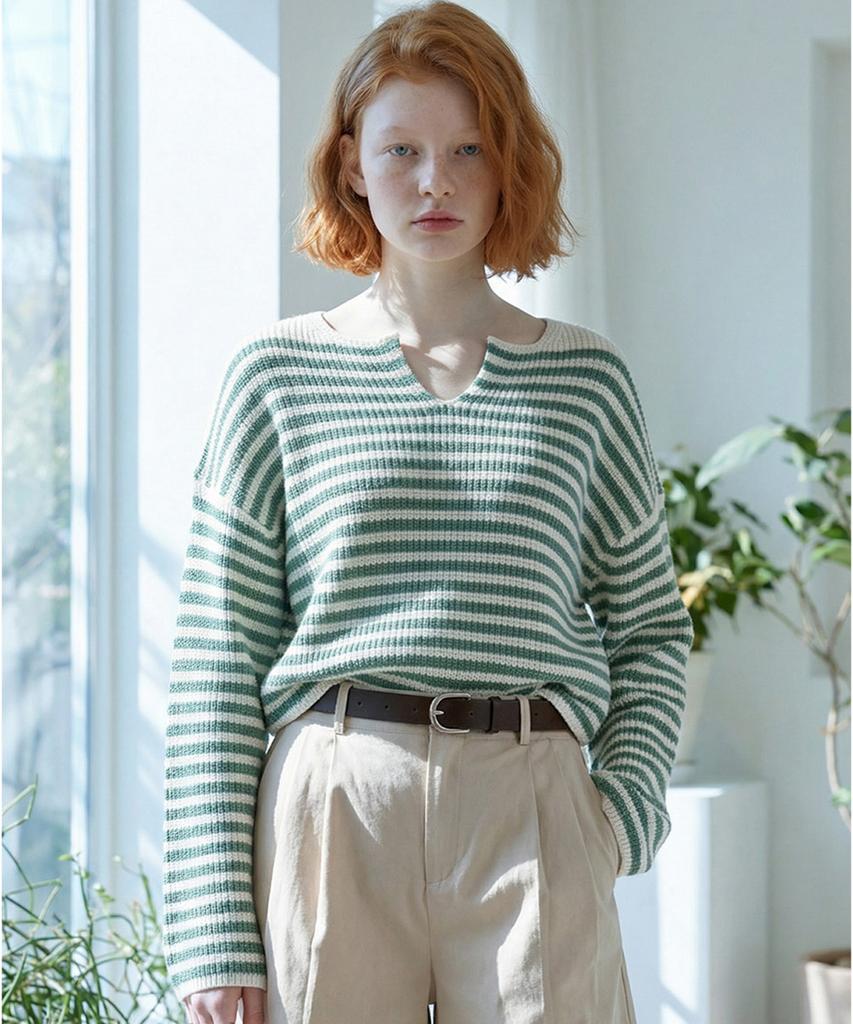 Seuneogeuyu 100% Cotton Boat Neck Striped Knit Top