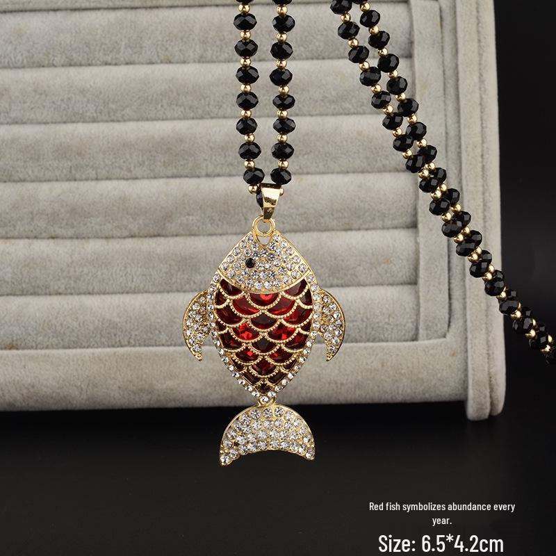 Korean Style Red Crystal Fish Pendant Long Sweater Necklace with Rhinestones