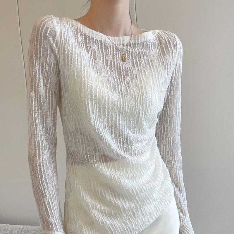 Asymmetrical Thin Hollow-out Lace Sun Protection Cover-up Women's Summer Slim Fit Figure-flattering Crew Neck Bell Sleeve T-shirt Top