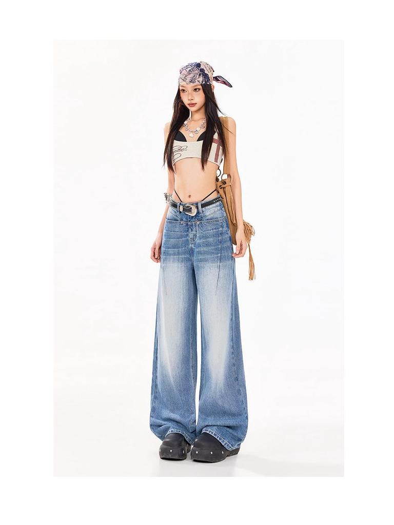 Women's Textured Distressed Denim Jeans: Loose Fit, Wide-Leg, Floor-Length, New Spring/Autumn 2026 Style.