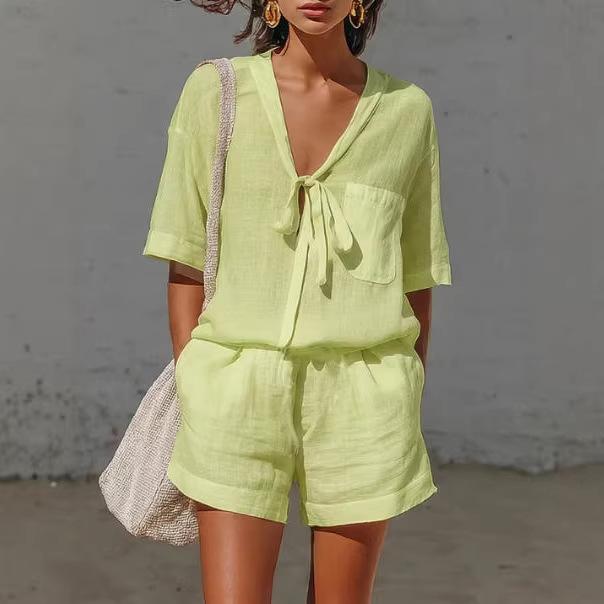 Women's V Neck Short Sleeve Front Tie Pocket Loose Shirt And Elastic Waist Short Two Piece Casual Vacation Set