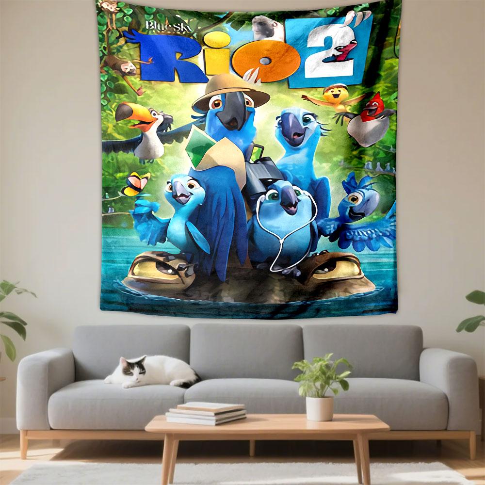 Rio 2 Movie Tapestry Wall Hanging, Blue Macaw Jungle Family Art, Colorful Cartoon Wall Decor for Kids Bedroom Playroom