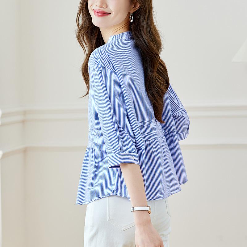 Striped Short-sleeved Shirt Women's Tops for Summer New Style Design Niche Wear Round Collar Shirt