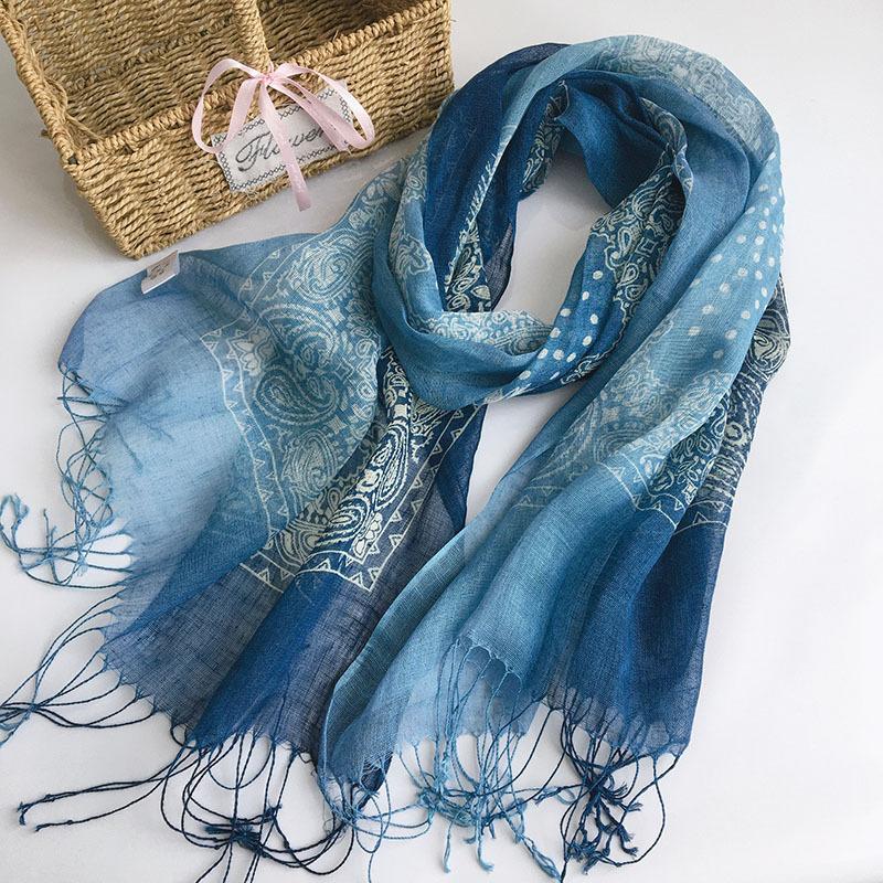 Printing Gradual Change Color Linen Batik Scarf Blue Versatile Ethnic Style Retro Silk Scarf Thin Light Breathable Yarn