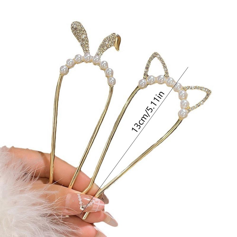 1pc Exquisite Fashion Cat Ear U-Pin Hair Clip Pearl Rhinestone Chinese Ancient Style Hairpin Elegant Headdress for Women