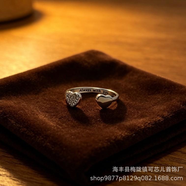 Kexin'er S925 Sterling Silver Zircon Heart Leaf Open Ring - Women's Versatile Light Luxury Finger Ring