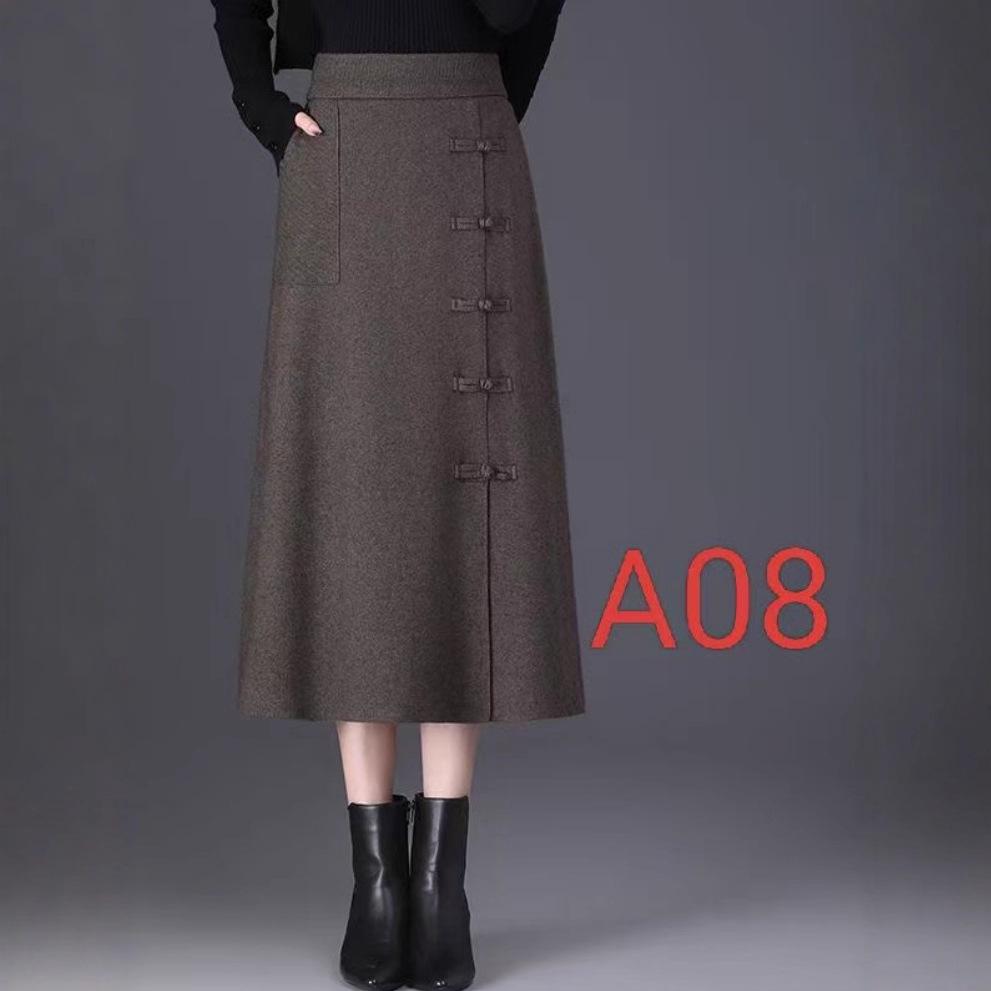 Women's Frog Button Knit Midi Skirt - High Waist, Slimming A-Line for Autumn/Winter 2025