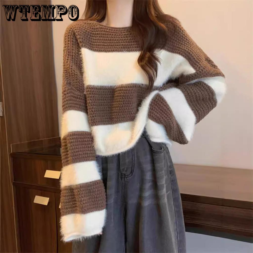 Striped Knit Sweater with Lantern Sleeves for Women Warm Sweater Fashionable Short Top