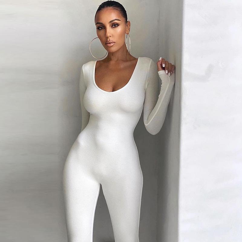Women's Solid Color Low-Neck Tight-Fitting Long-Sleeved High-Waist Trousers Sports Fitness Jumpsuit