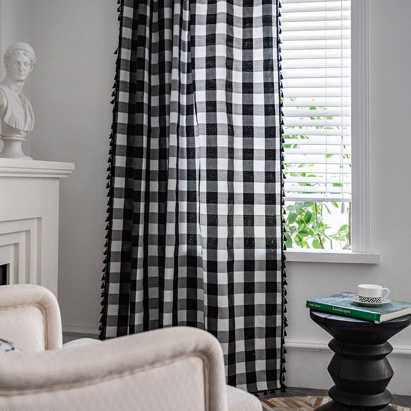 

Cotton Linen American Plaid CurtainThick with Tassels Curtains for Living Room Drape Kitchen Valance for The Luxury Living Room W145 x H160cm&Threading Rod