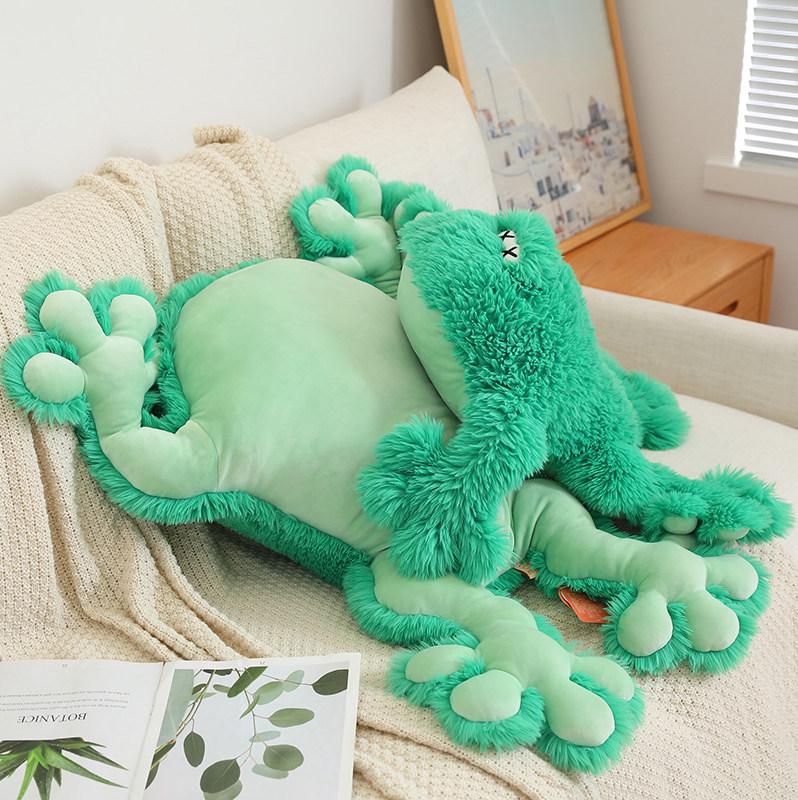 Non-Toxic Green Frog Stuffed Plush Toys Lying Down Frog Plushies Animal Doll Pine Needle Velvet Lumbar Support Cushion Pillow Living Room