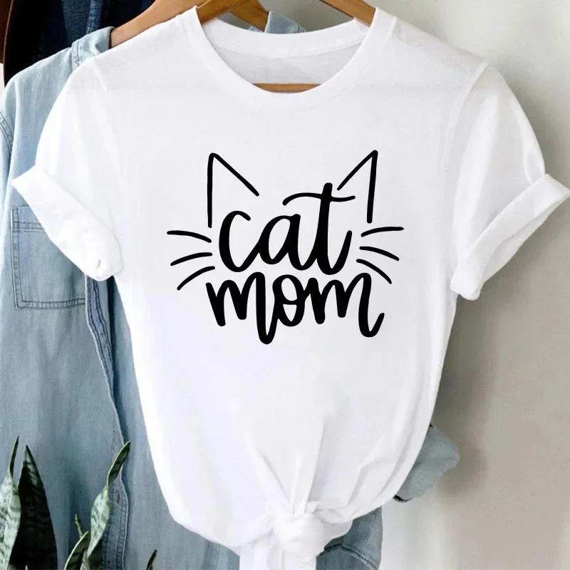 Summer Cute Cat Pattern Printed T-shirt with Breathable Micro Elastic Fashion Short Sleeved White Minimalist Versatile Top