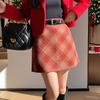 Fei Yuan Women's Christmas Red Retro Plaid A-line Woolen Mini Skirt