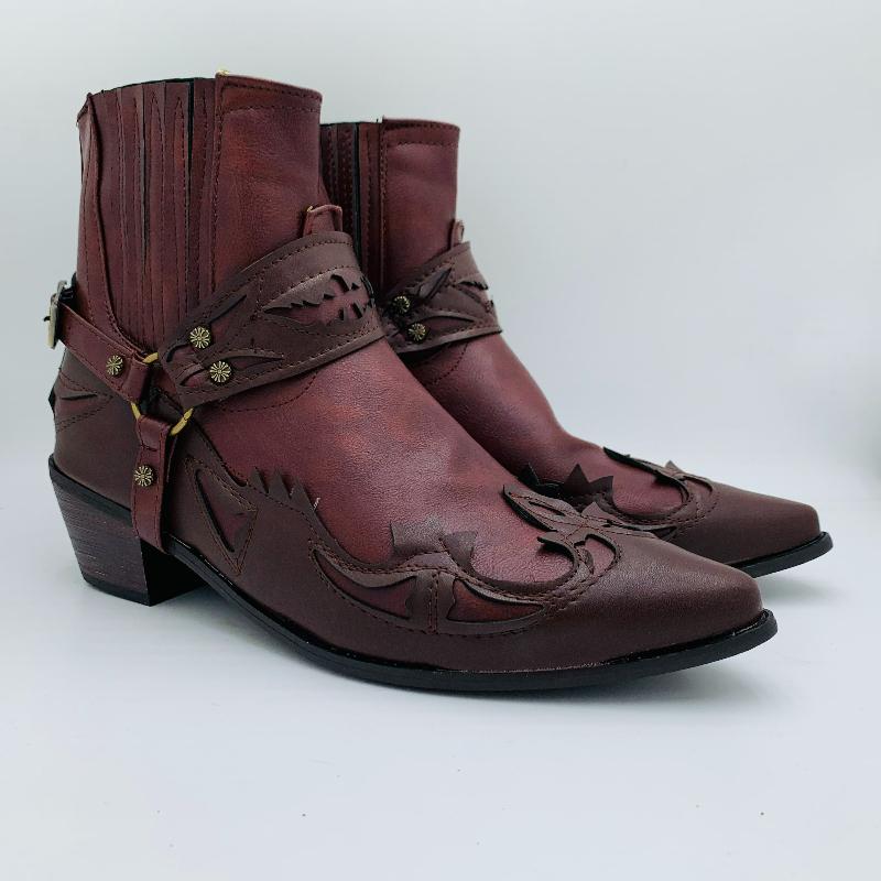 Herrenstiefel Spitz zulaufend Knöchelhohe Stiefel Modische Stickerei Cowboystiefel Leder Mittlerer Absatz Chelsea Boot Zum Hineinschlüpfen Schnallenriemen Ritterstiefel