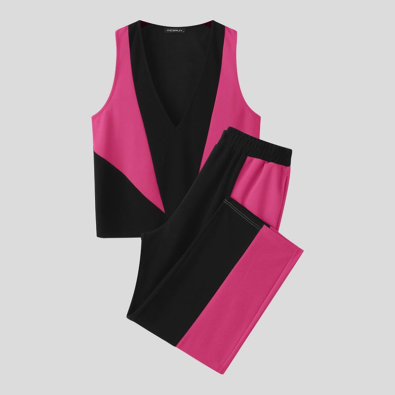 INCERUN Men V Neck Sleeveless Stitching Waistcoat and Long Pants Outfits Sets