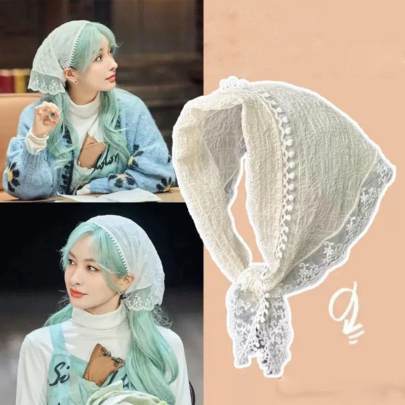 White Lace Headscarf Belt Women French Retro Elegant Triangle Scarf Hair Band Headband