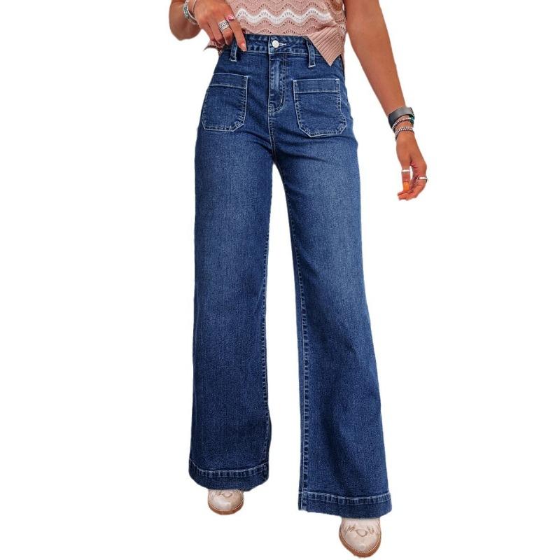 Spring New Dark Blue High-waisted Wide-leg Jeans Women's Fashion Retro Straight-leg Pants