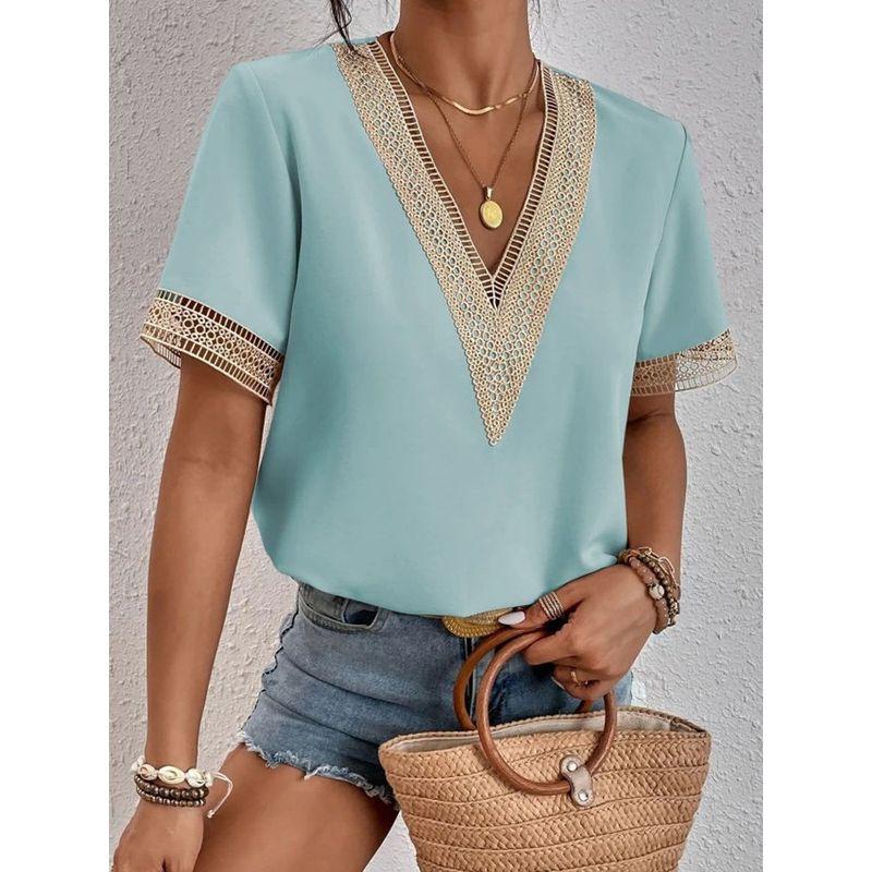 

V-neck Pullover Short Sleeve Sleep Loose Top V Neck Pullover Short Sleeve Loose Tops sky blue S(S)