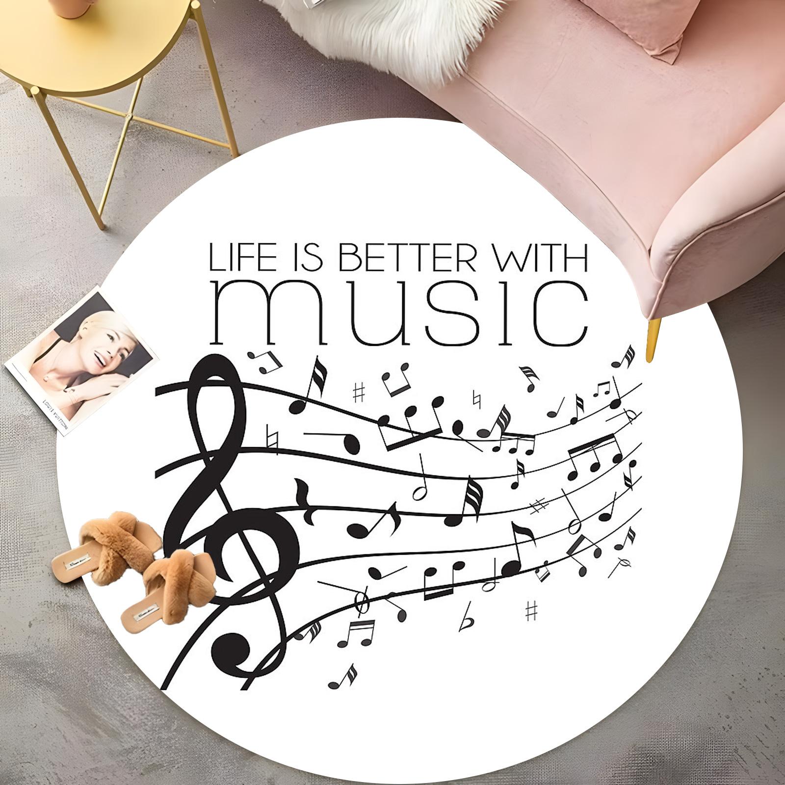 

Life is Better with Music Round Rug - Black & White Treble Clef Design, Living Room Carpet, Non-Slip Inspirational Floor Mat 60cm